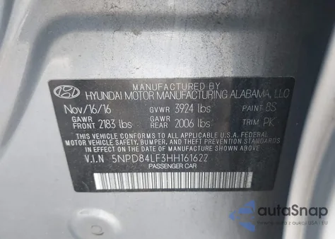 2017 Hyundai Elantra Se z USA, uszkodzony, nr VIN 5NPD84LF3HH161622